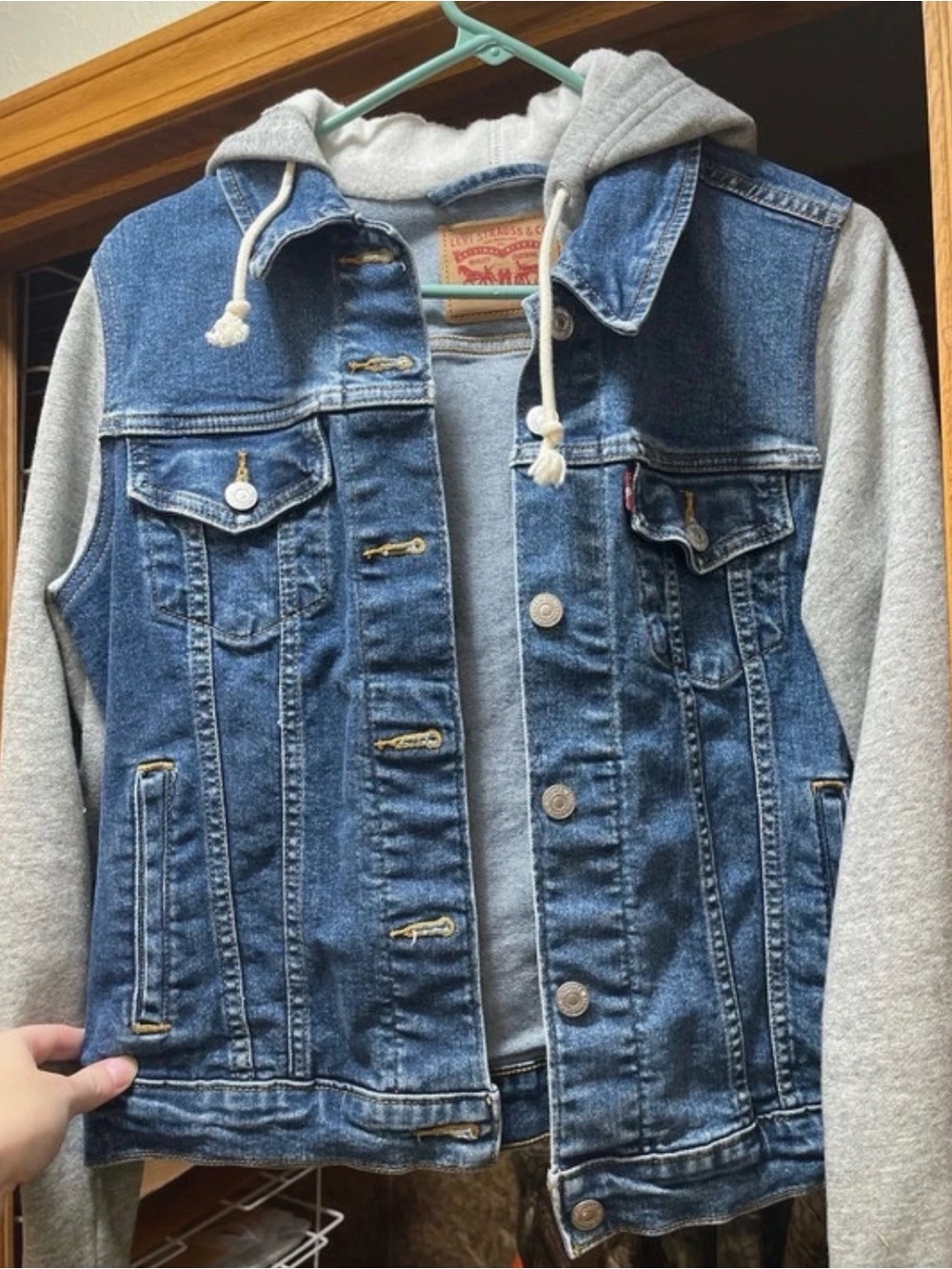 Levi's Blue Denim Jacket with Gray Hoodie Sleeves